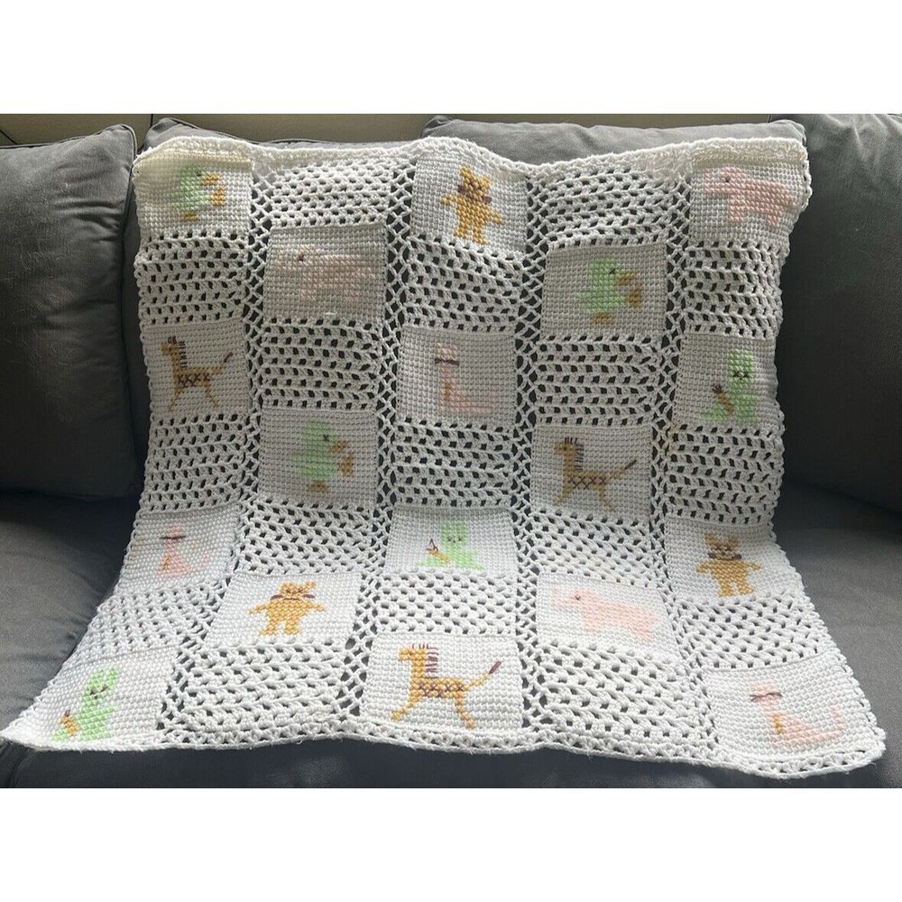 Vintage Handmade White Pastel Baby Blanket Knit Crochet Animals Embroidered GUC